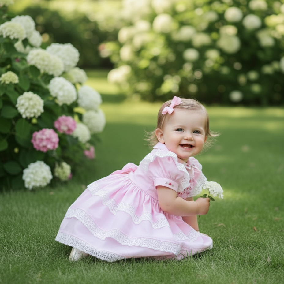 PINK 2PC DRESS WITH DETACHABLE APRON - HAND SMOCKED WITH HAND EMBROIDERED DRESS