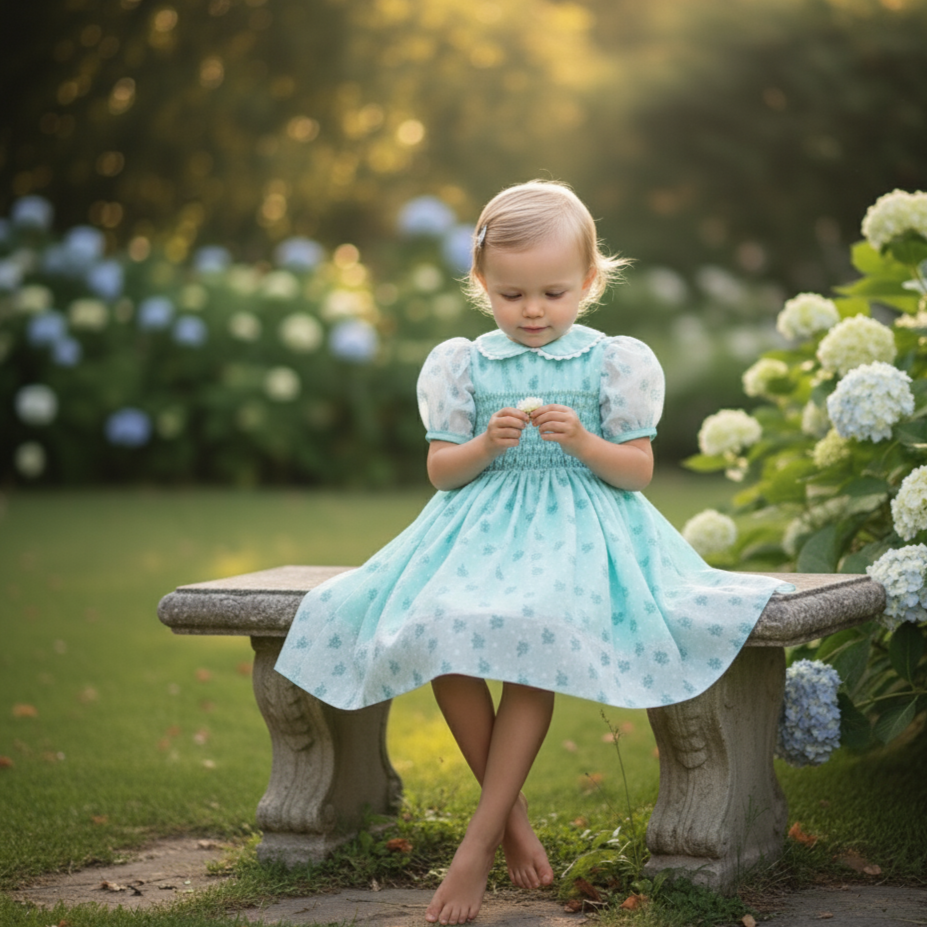 JENNY’S MINT CHIFFON SWISS DOT ROSE HAND SMOCKED DRESS