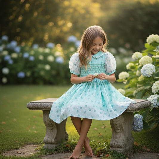 JENNY’S MINT CHIFFON SWISS DOT ROSE HAND SMOCKED DRESS