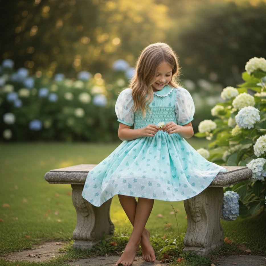 JENNY’S MINT CHIFFON SWISS DOT ROSE HAND SMOCKED DRESS