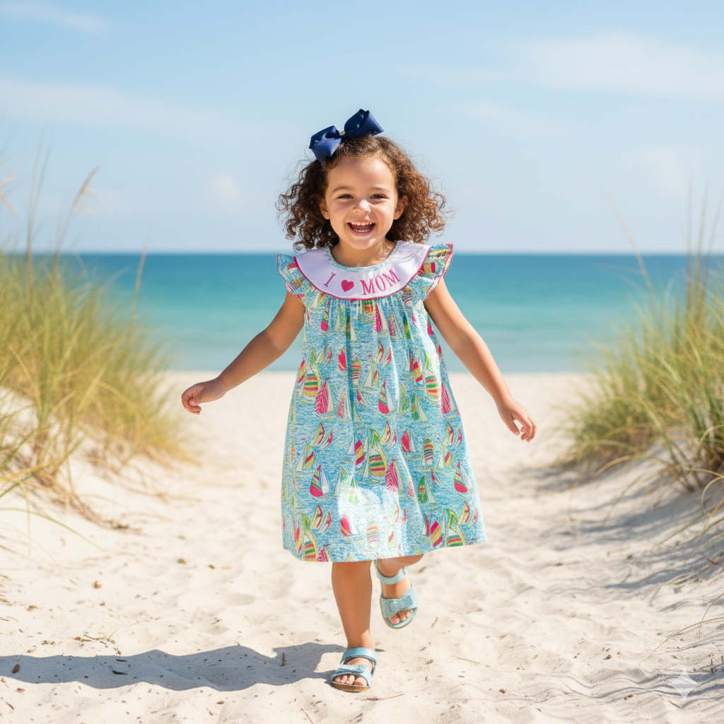 GREEN SAILBOAT I LOVE MOM EMBROIDERY GIRL DRESS