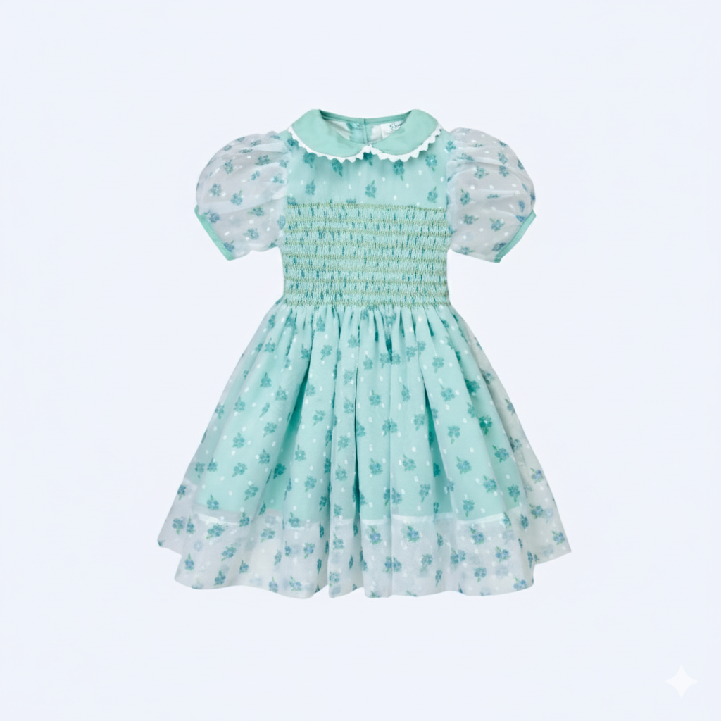 JENNY’S MINT CHIFFON SWISS DOT ROSE HAND SMOCKED DRESS