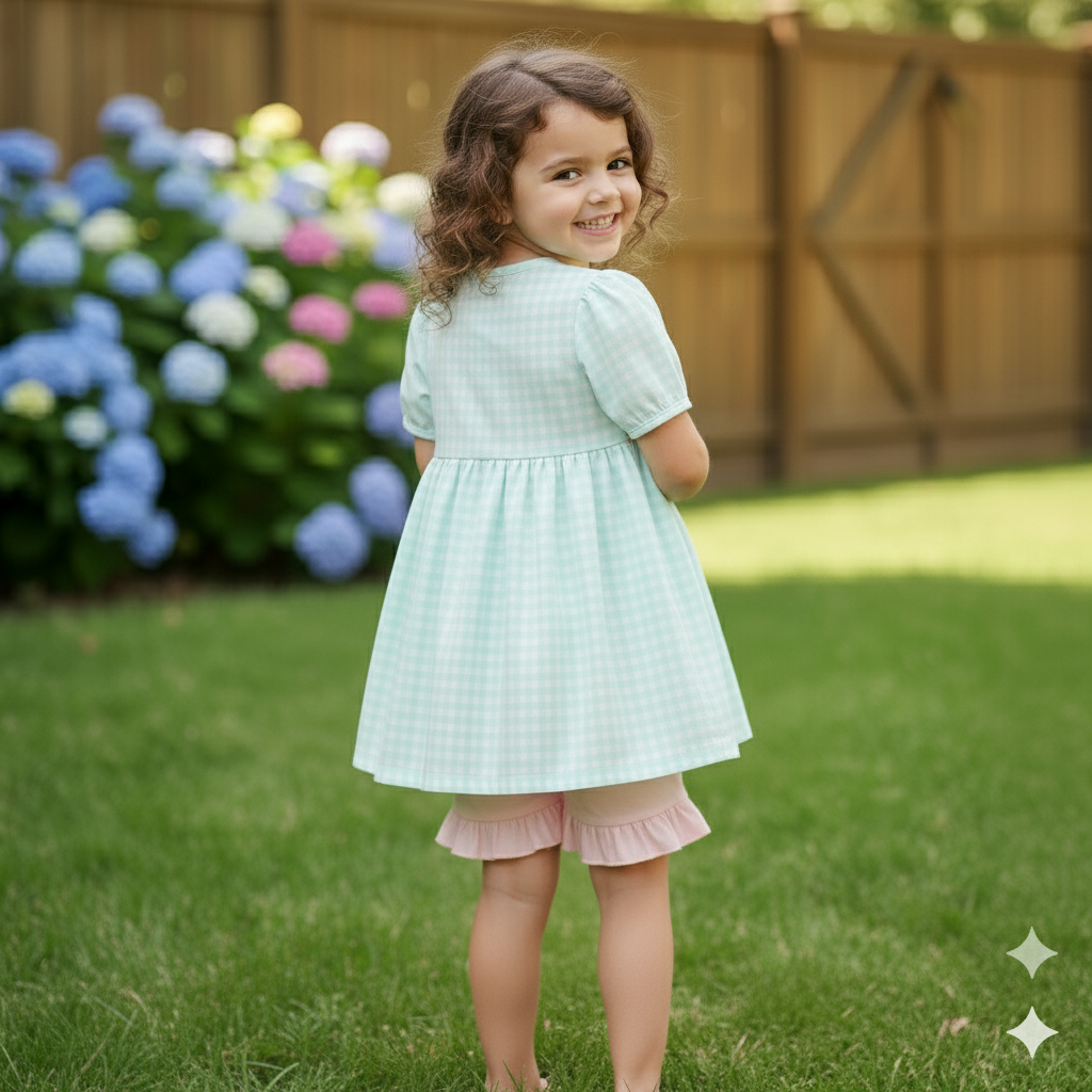 MAGICAL - BLUE PRINCESS EMBROIDERY GIRL GINGHAM SHORTS SET