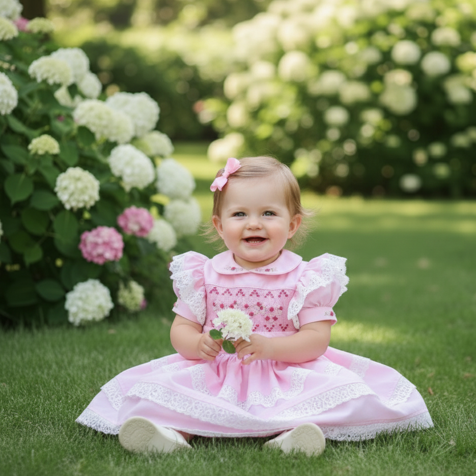 PINK 2PC DRESS WITH DETACHABLE APRON - HAND SMOCKED WITH HAND EMBROIDERED DRESS