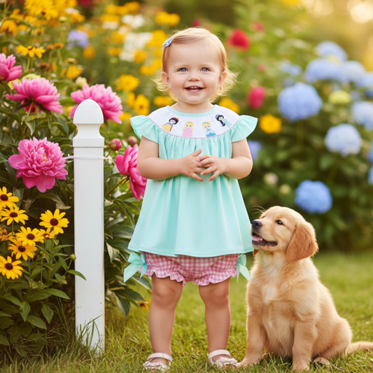 MAGICAL - MINT PRINCESS EMBROIDERY GINGHAM BLOOMER SET