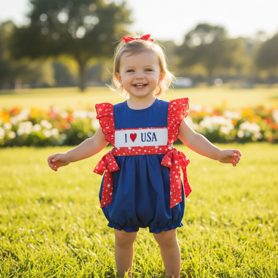 PATRIOTIC HAND SMOCKED - I ❤️ USA BUBBLE