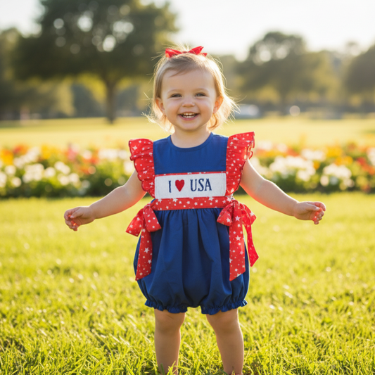 PATRIOTIC HAND SMOCKED - I ❤️ USA BUBBLE