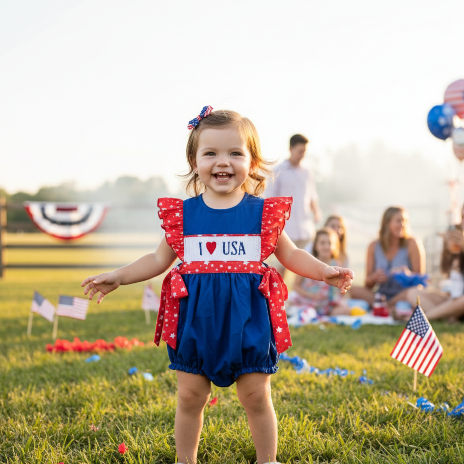 Hand Smocked Patriotic Hand Smocked - I Love USA Bubble