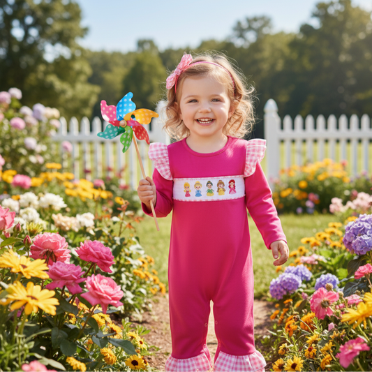 Hand Smocked Pink Princess Girl Romper
