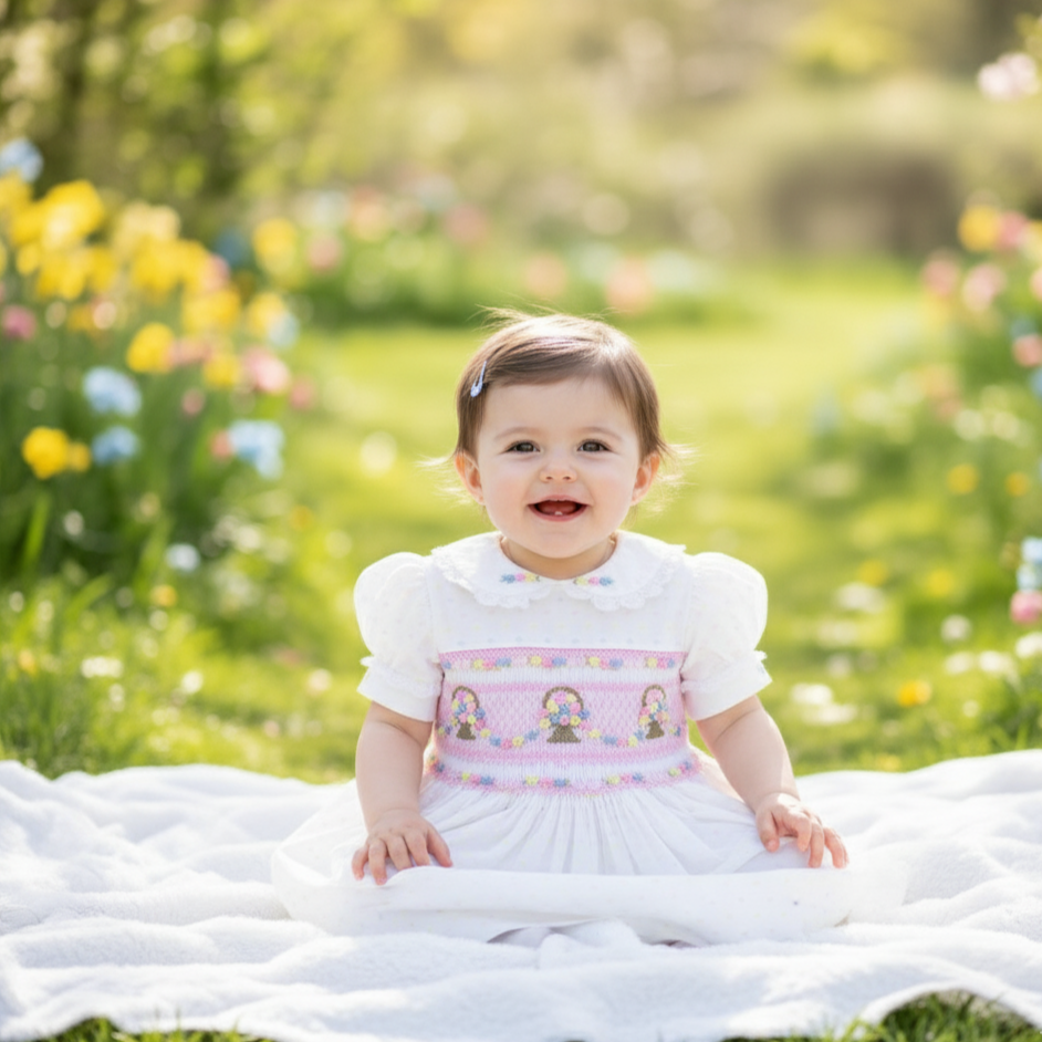 PINK FLOWER BASKET HAND SMOCKED WITH HAND EMBROIDERED DRESS