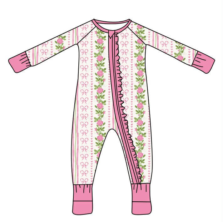 Baby Girl Pink Rose & Bow Ruffle Zipper Romper