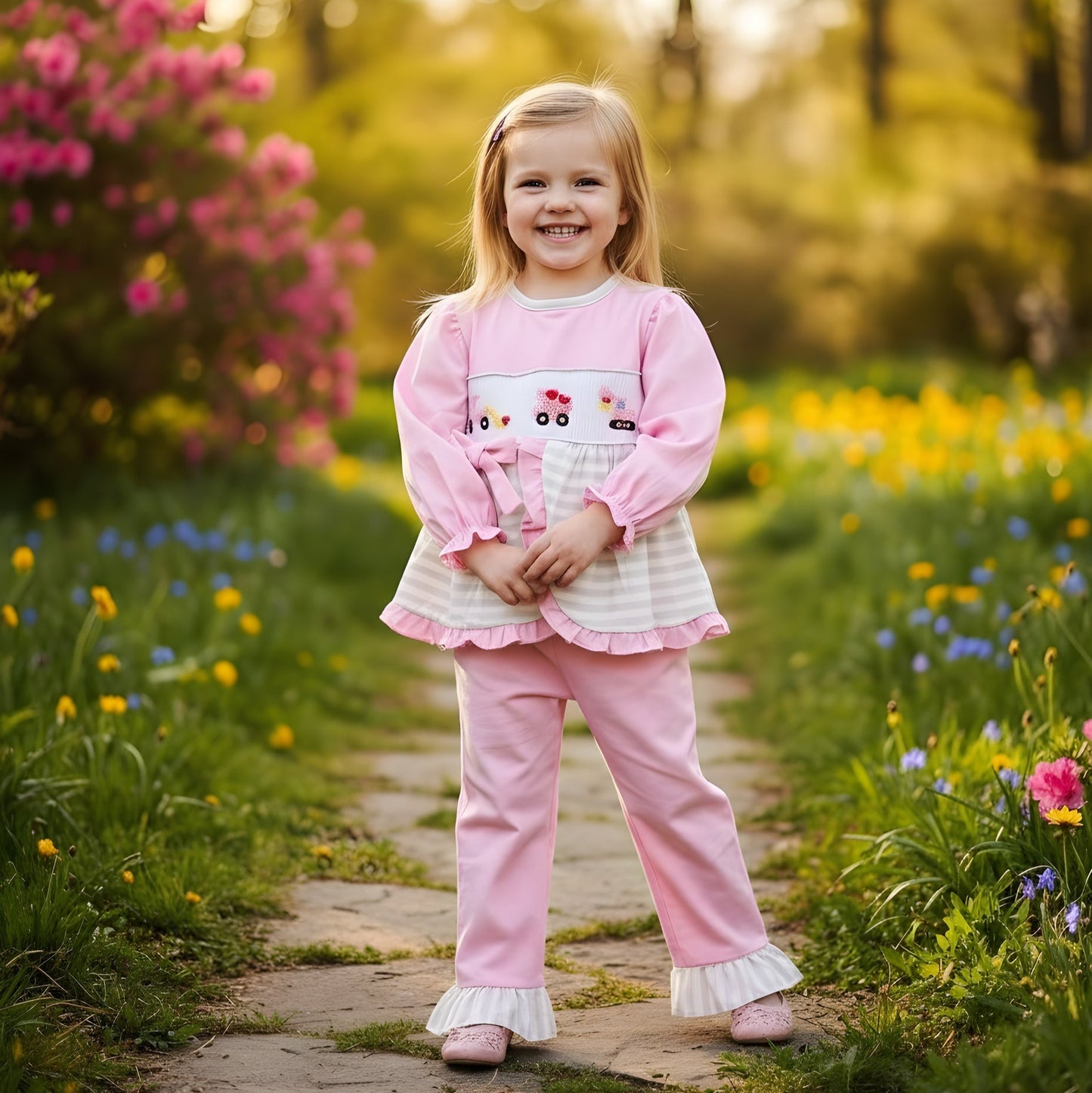 VALENTINES DAY CONSTRUCTION LOVE - HAND SMOCKED - GIRL PANTS SET
