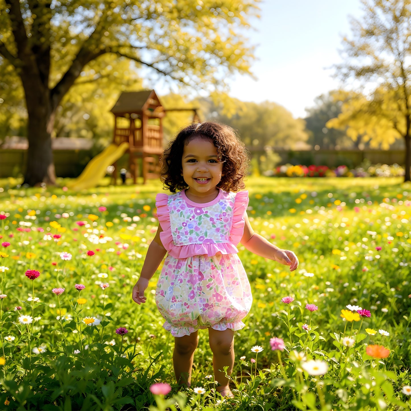 EVERLY’S FLOWERS RUFFLE BIB BUBBLE