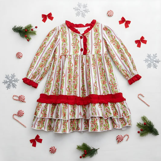 Girls Peppermint Bow Traditional Christmas Bamboo Long Sleeve Nightgown