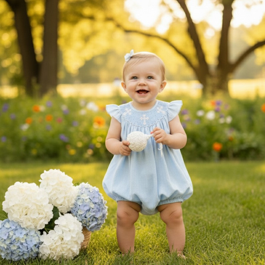 Smiling baby girl standing outdoors in a sky blue hand-smocked christening bubble romper with white crosses.