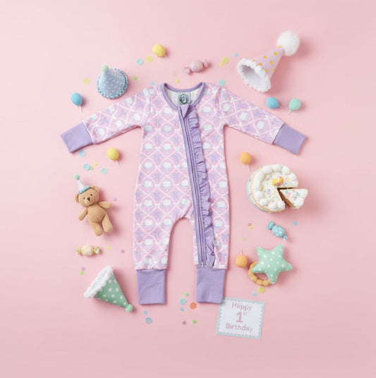 Flat lay of the Birthday Cake and Bow Girl Zippy styled with party hats, a teddy bear, and birthday decor.