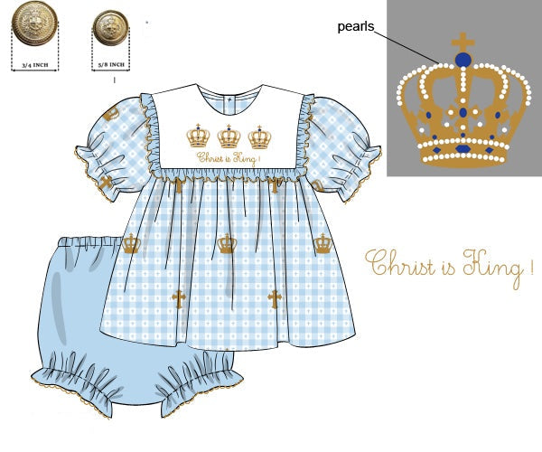 Blue gingham girls dress and bloomer set with a white bib featuring embroidered gold crowns and "Christ is King!"