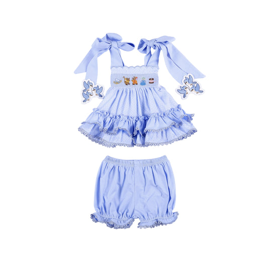 Cinderella-inspired hand smocked blue ruffle top and matching bloomer set for toddlers with embroidered bird straps.