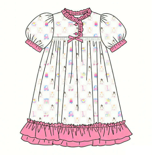 Dolly and Me exclusive print girls short sleeve nightgown featuring pink ruffle accent and vintage toy illustrations.