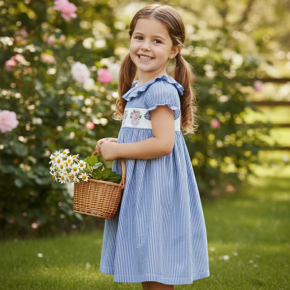 SPRING FLORAL VASE CHINOISERIE BOW EMBROIDERED SEERSUCKER DRESS