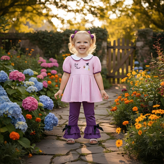 Halloween - Pink Gingham Embroidery Girl Pants Set