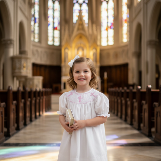 Hand Smocked Pink Hand Embroidered Crosses White Dress