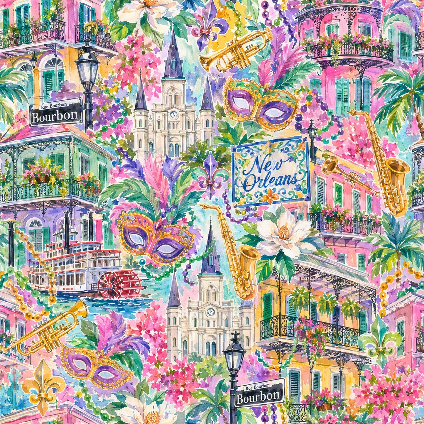Seamless watercolor pattern of New Orleans Bourbon Street, riverboat, jazz horns, and masks.