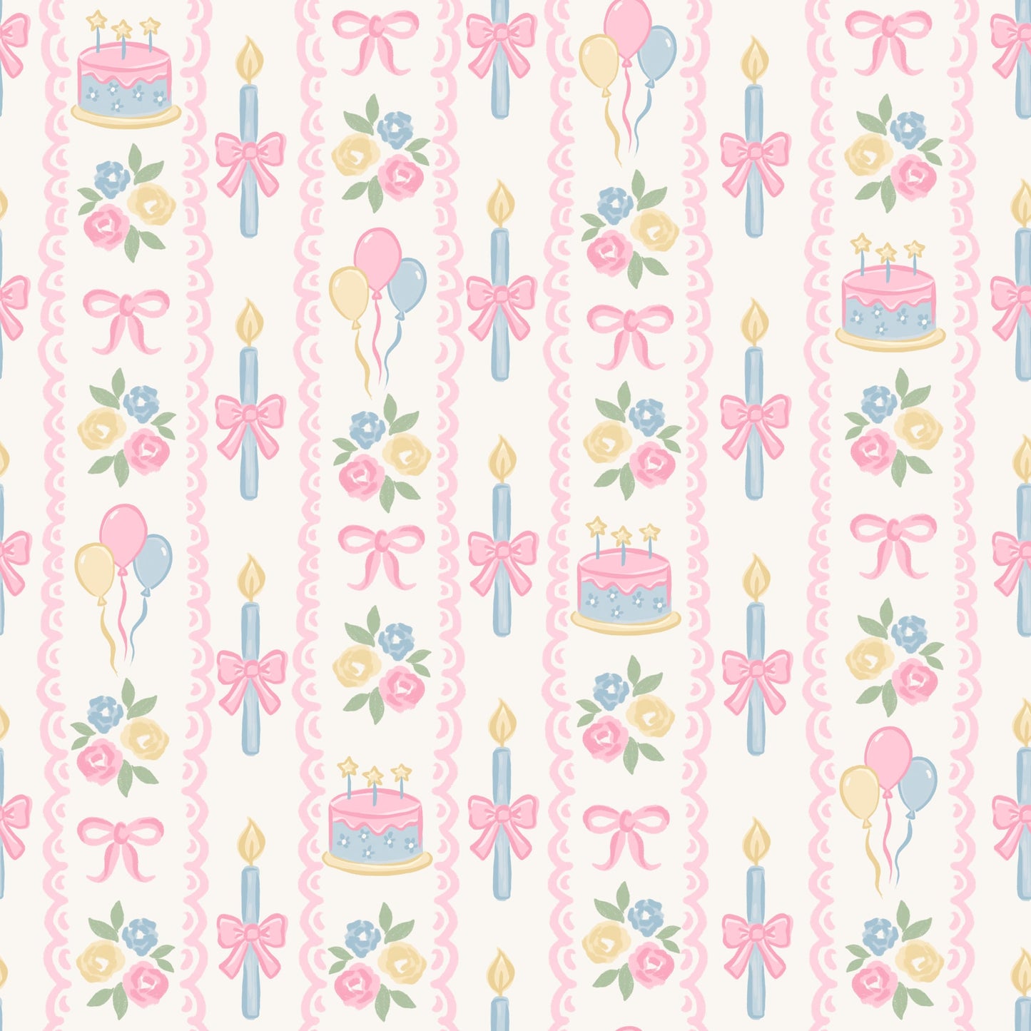 Pastel seamless print pattern featuring birthday cakes, candles with bows, balloons, and floral bouquets