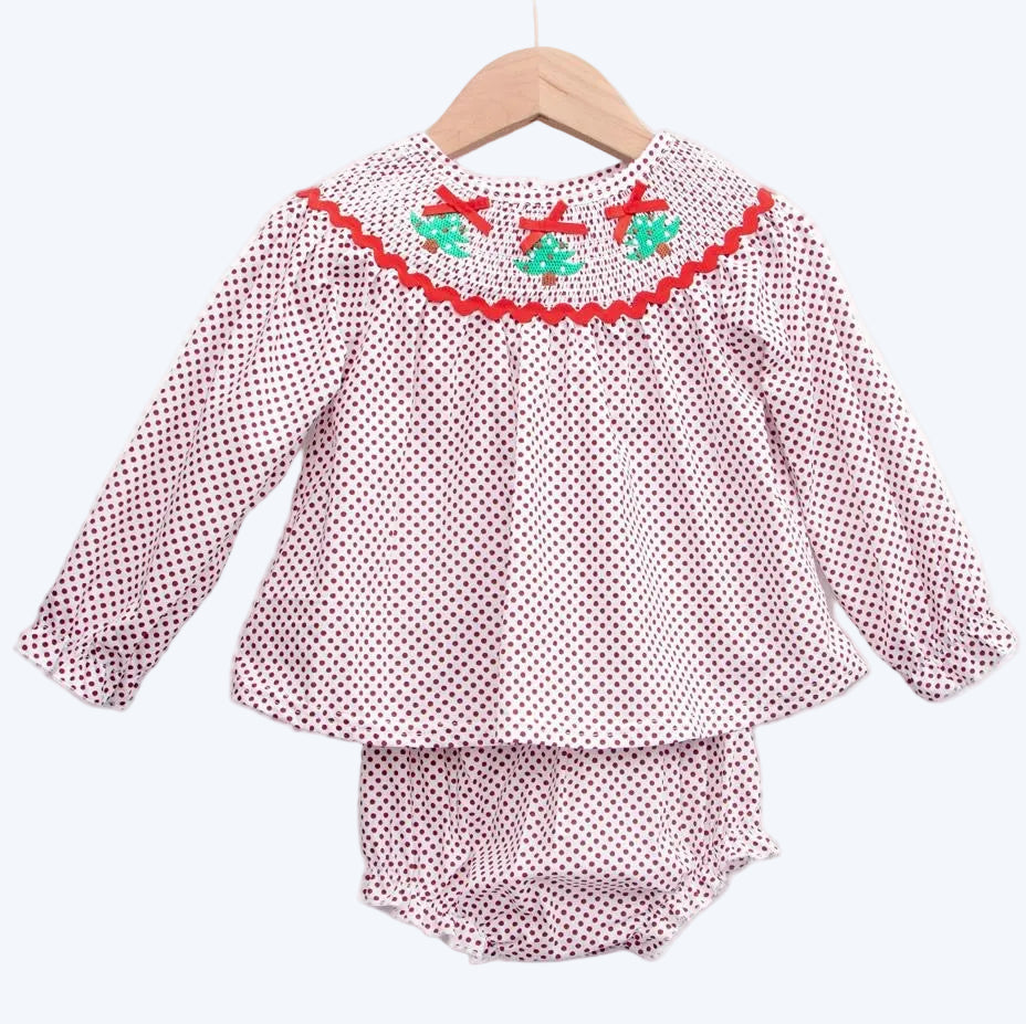 Girls Christmas smocked bloomer set featuring red polka dots and festive green tree embroidery on the neckline.