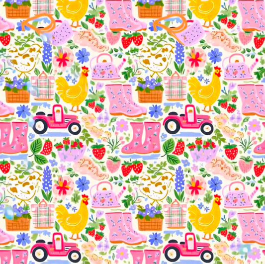 Whimsical farm pattern swatch with pink trucks, yellow chickens, strawberries, and rain boots.