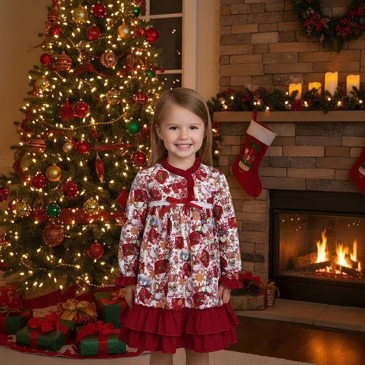 Smiling girl in a festive gingerbread print holiday dress standing by a lit Christmas tree and fireplace.