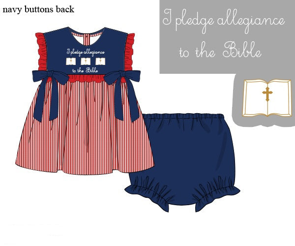 Hand-embroidered girls navy and red striped top with "I pledge allegiance to the Bible" text and matching ruffle bloomers.