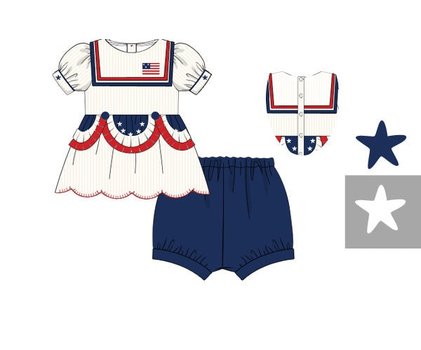 Girls patriotic woven set with hand-embroidered American flag bunting top and navy blue bloomers.