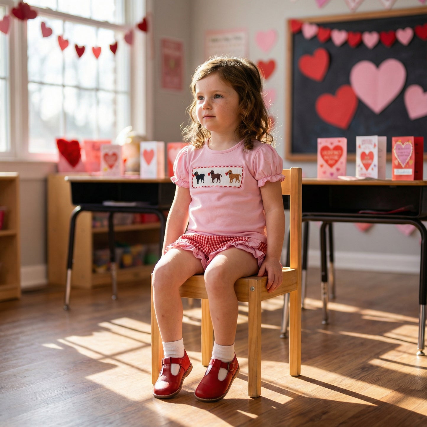 Girl in pink hand smocked Valentines puppy dog top and red gingham bloomers set, sitting in a decorated classroom.