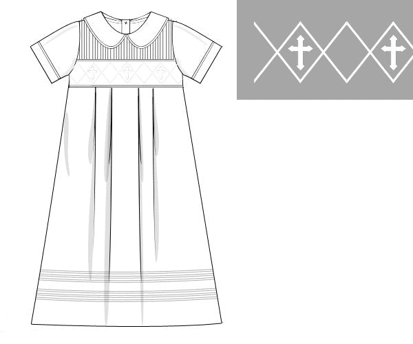 Hand smocked boys heirloom baptism gown with embroidered cross diamond pattern and Peter Pan collar.