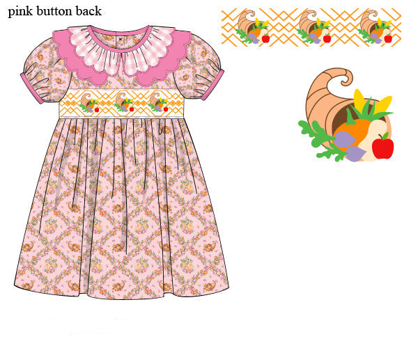 Hand-smocked Thanksgiving cornucopia pink trellis girls dress with a double ruffle gingham collar.