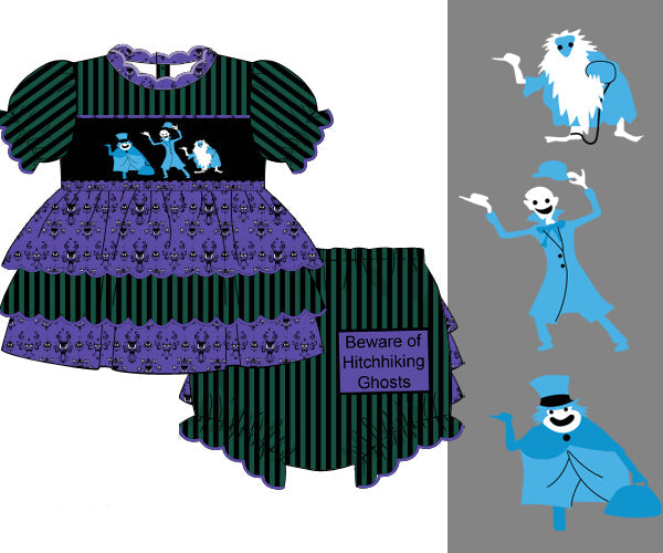 Hand-smocked girls outfit featuring Haunted Mansion hitchhiking ghosts, green stripes, and purple wallpaper ruffles.