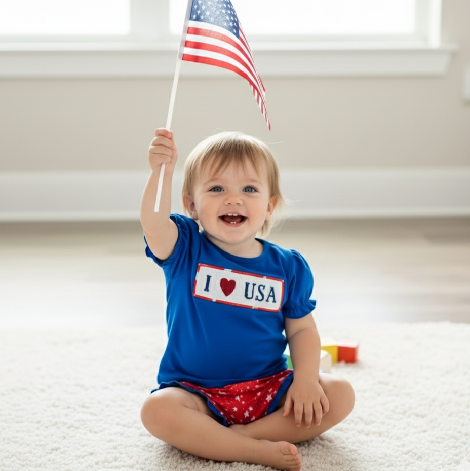 PATRIOTIC HAND SMOCKED - I ❤️ USA - GIRLS SHORTS SET