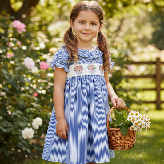 Spring Floral Vase Chinoiserie Bow Embroidered Seersucker Dress