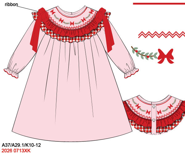 Girls Pink Hand Smocked Christmas Bow Long Sleeve Dress