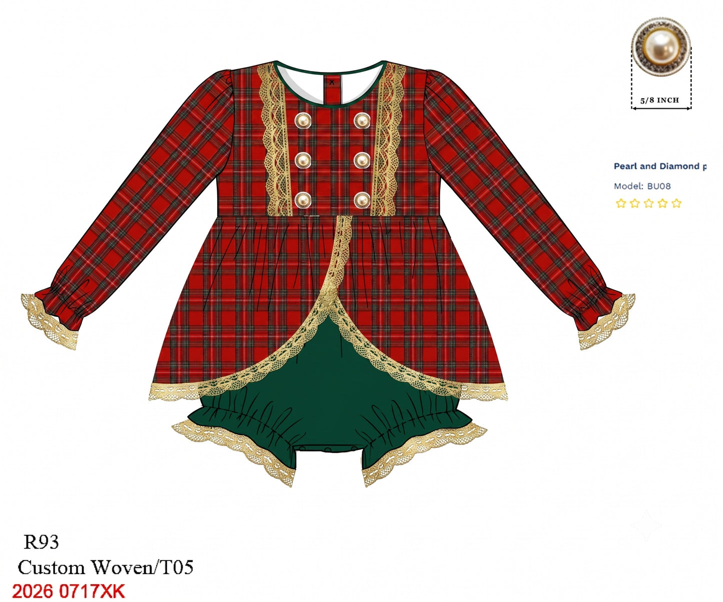 Girls Red Tartan Plaid Tunic & Bloomer Holiday Dress Set with Gold Lace Trim