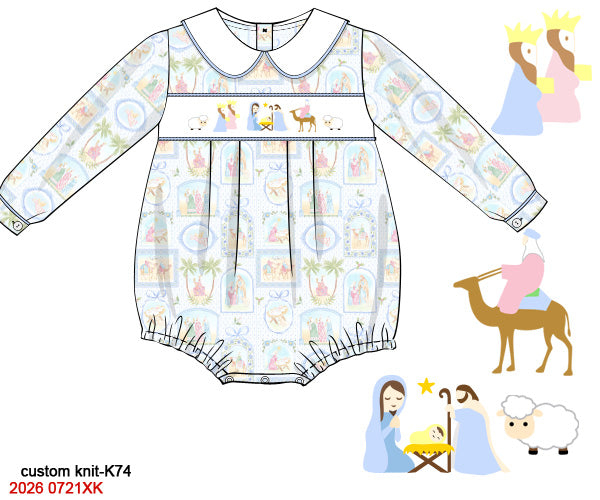 Boys Long-Sleeved Hand-Smocked Nativity Bubble - Light Blue Triptych Print