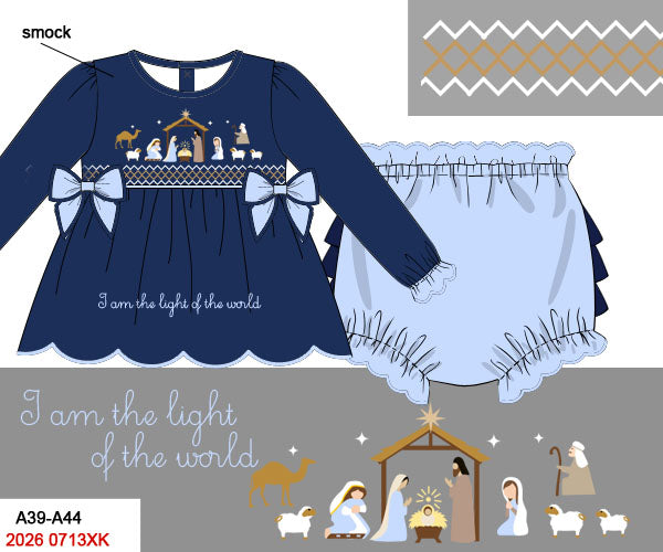 I am the Light of the World - Christmas Girls Navy Blue Nativity Hand Smocked Tunic & Bloomers Set