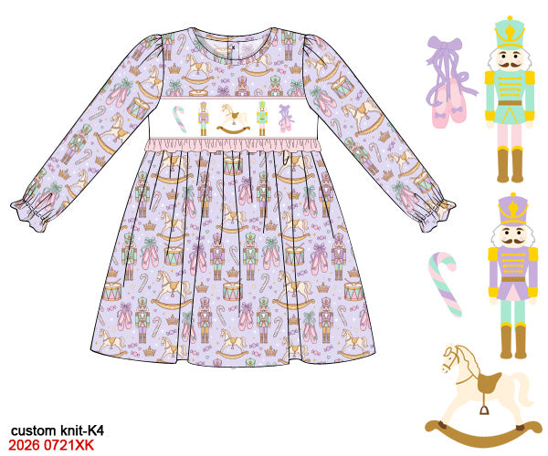 Girls Smocked Nutcracker Long Sleeve Dress - Lavender Knit