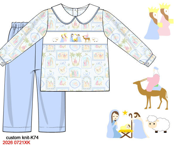 Boys Smocked Nativity Pant Set - Light Blue 2-Piece Christmas Outfit