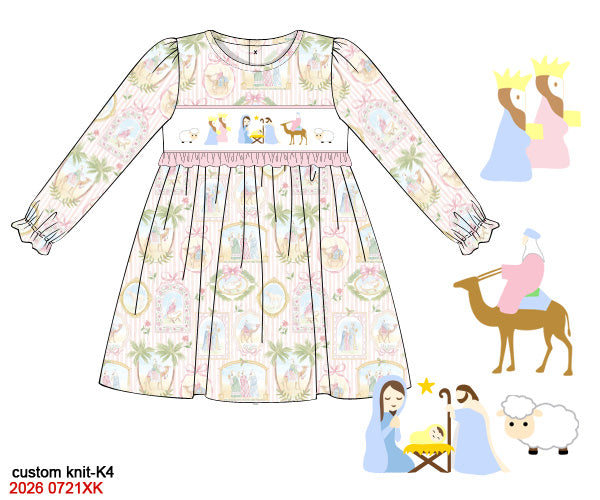 Girls Pink Nativity Hand-Smocked Long Sleeve Knit Dress