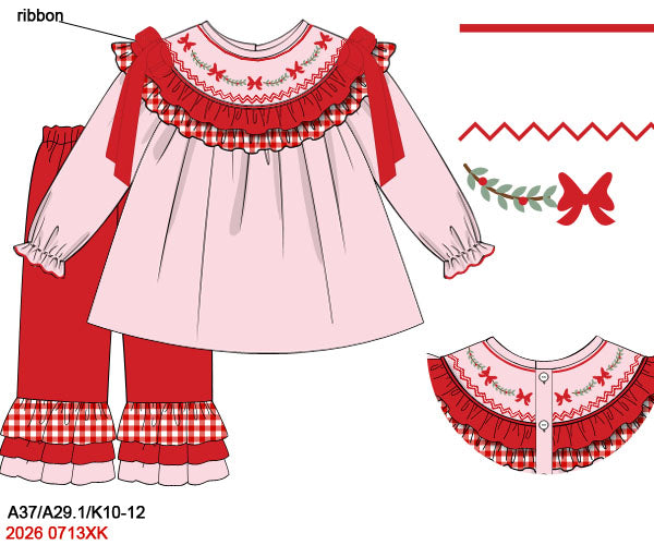Girls Pink Hand Smocked Christmas Bow Top and Double Ruffle Pants Set