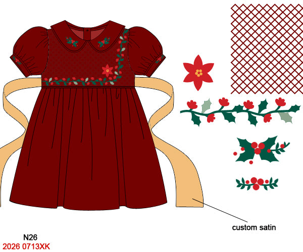 Girls Red Hand Smocked Christmas Poinsettia Holiday Dress Gold Satin Sash