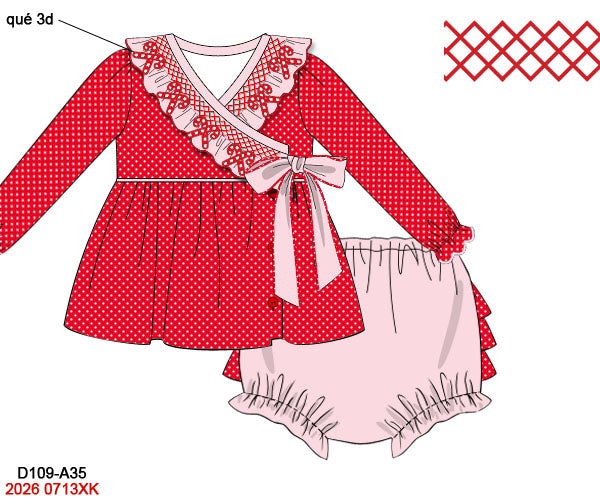 Christmas Hand Smocked Red Holiday Wrap Tunic & Pink Bloomer Set