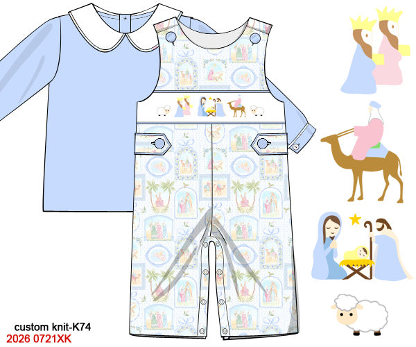 Boys Traditional Nativity Smocked Longall & Knit Shirt Set - Light Blue Heirloom Outfit